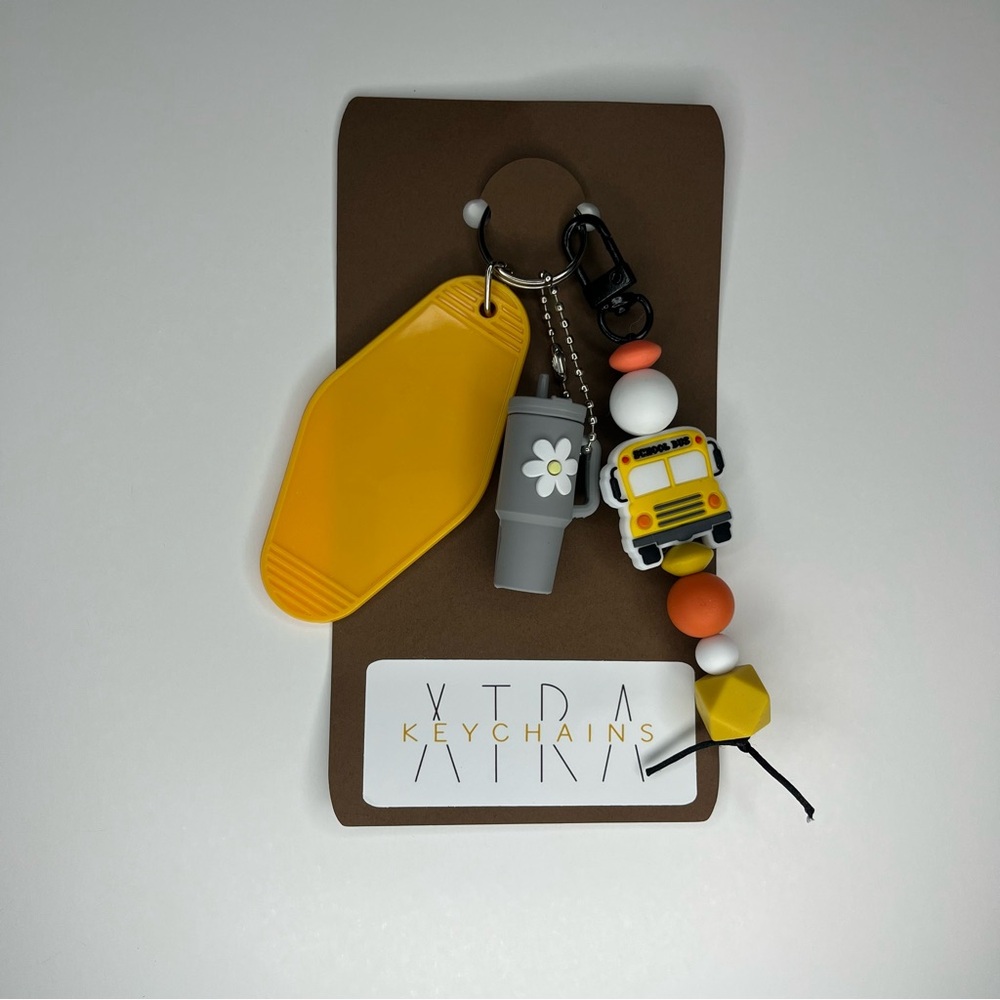 Yellow Motel Tag and Gray Mini Stanley School Bus Keychain